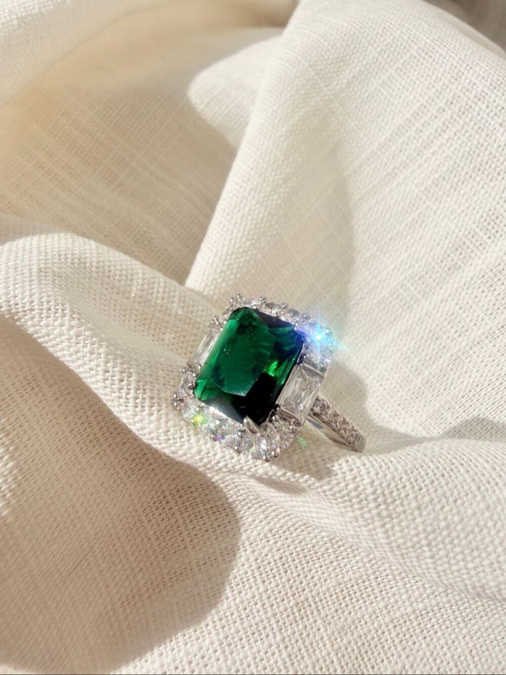 Emerald Green Cubic Zirconia Cocktail Ring Silver Tone Statement